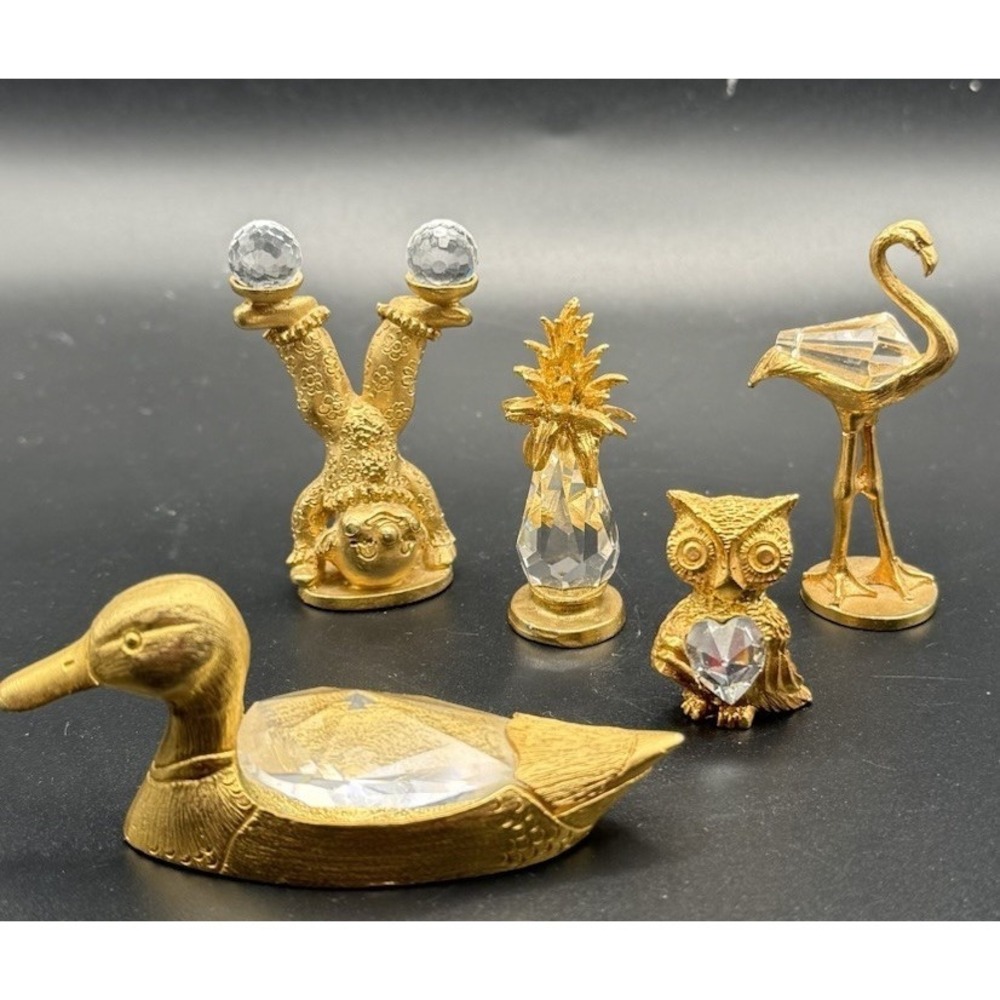 ⁠VTG 1980s Spoontiques Pewter Gold Crystal Figurine Lot 5 Swarovski Crystals EUC